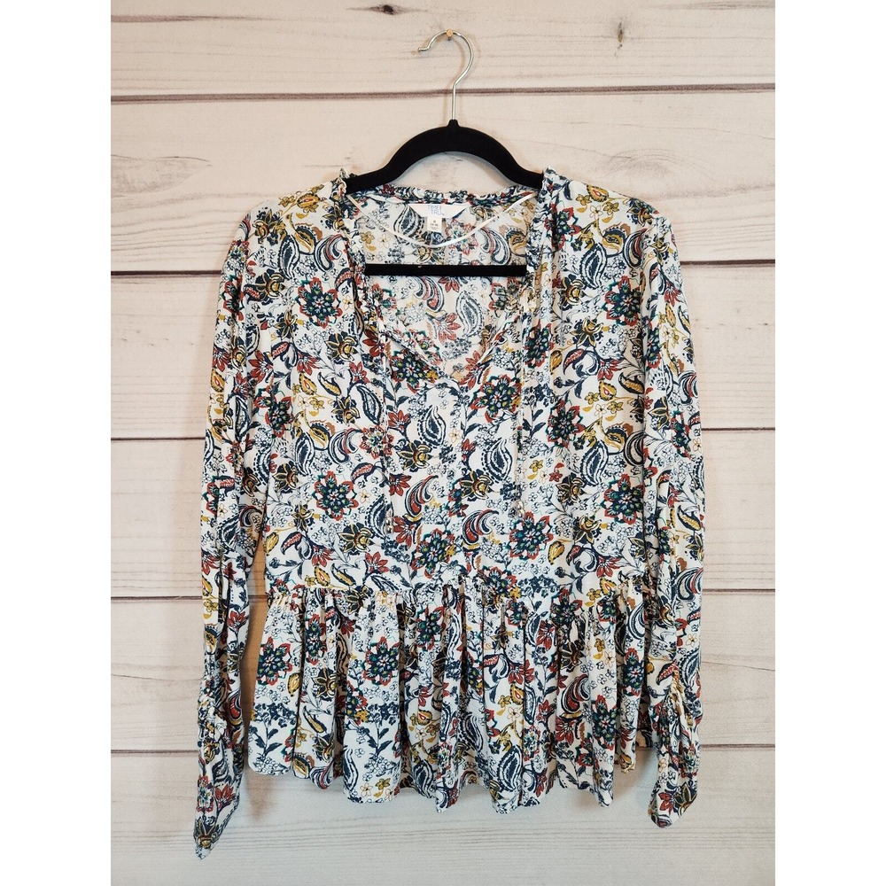 Time and Tru Womens S Winter White Floral Peplum Blouse Paisley Long Sleeve Top